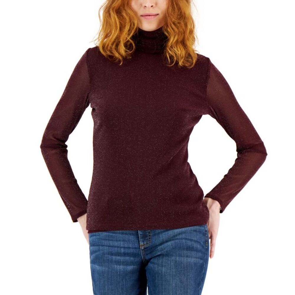 INC International Concepts Women's Metallic Mesh Turtleneck Top